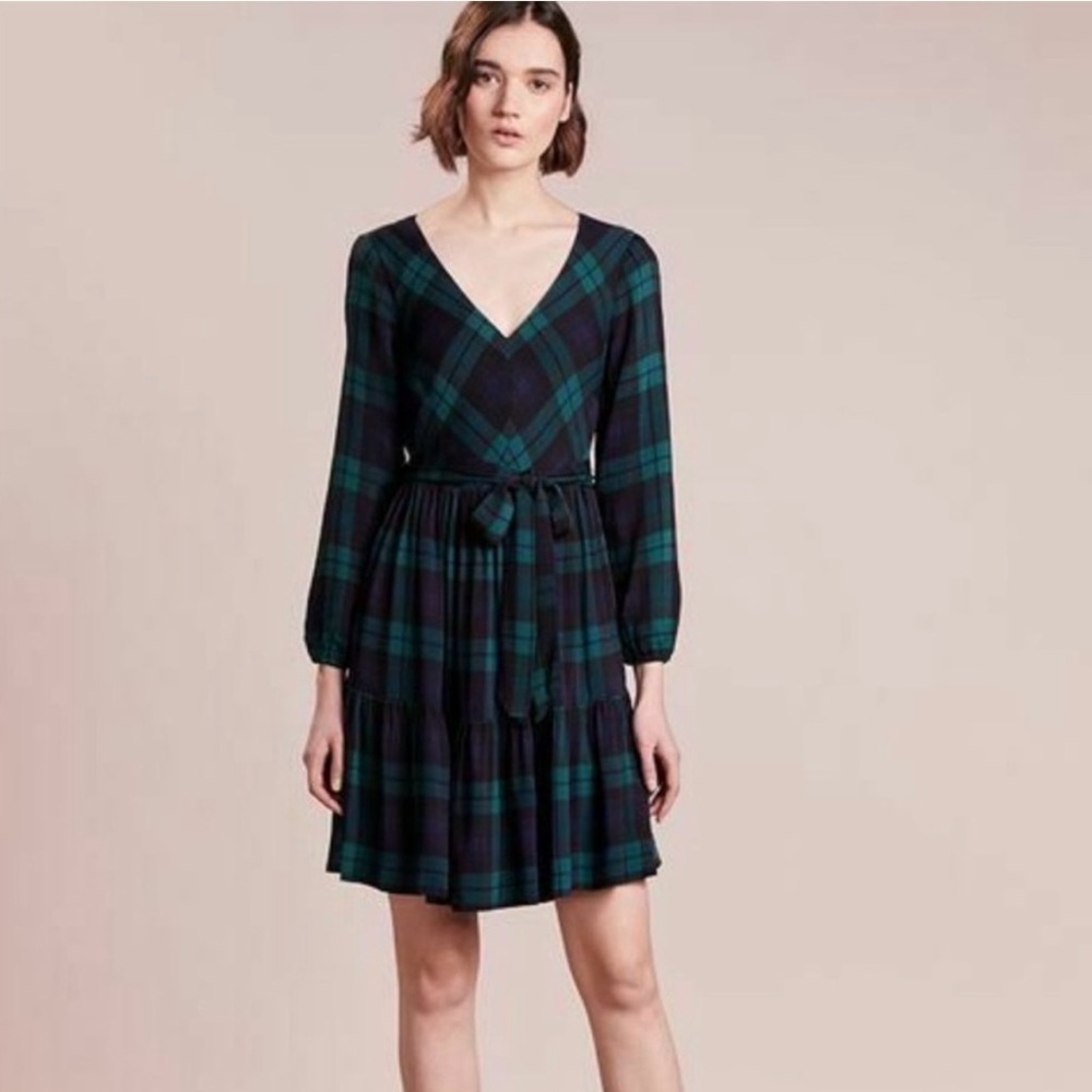 J.Crew Drapey Long-Sleeve Dress Black Watch Plaid style‎ Size 2